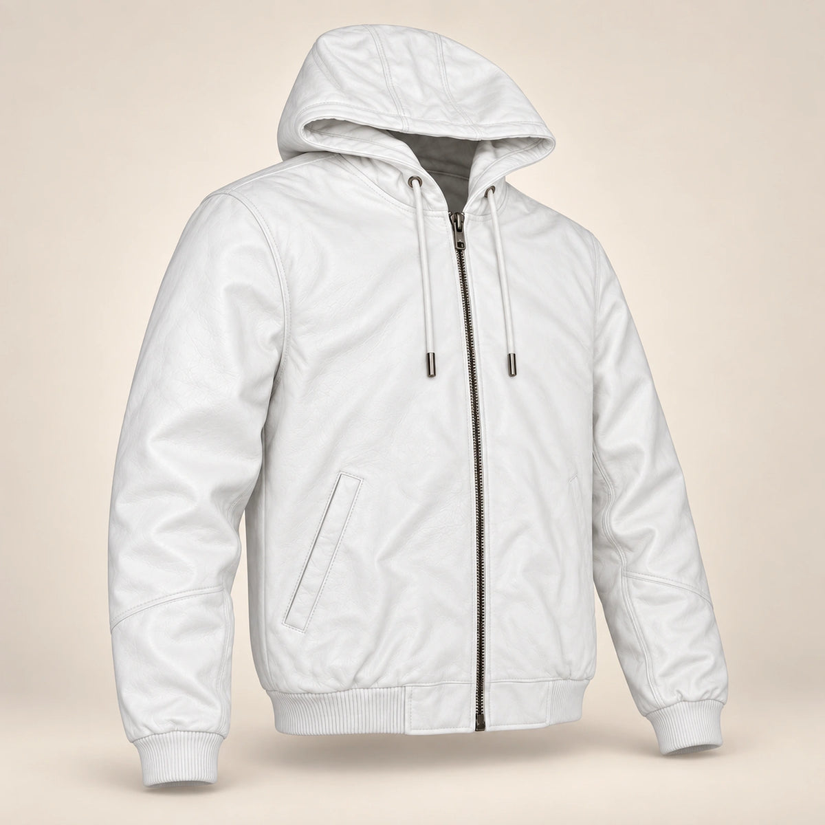 Northwick White genuine leather zip hoodie, product-only three-quarter front view.