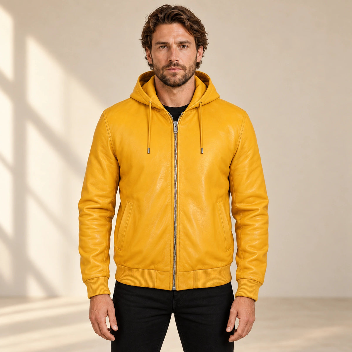 Male model wearing the Northwick Yellow genuine leather zip hoodie, front view.