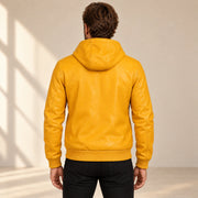 Male model wearing the Northwick Yellow genuine leather zip hoodie, back view.