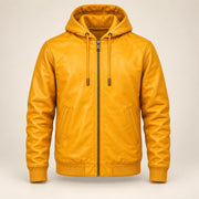 Northwick Yellow genuine leather zip hoodie, straight product-only front view.