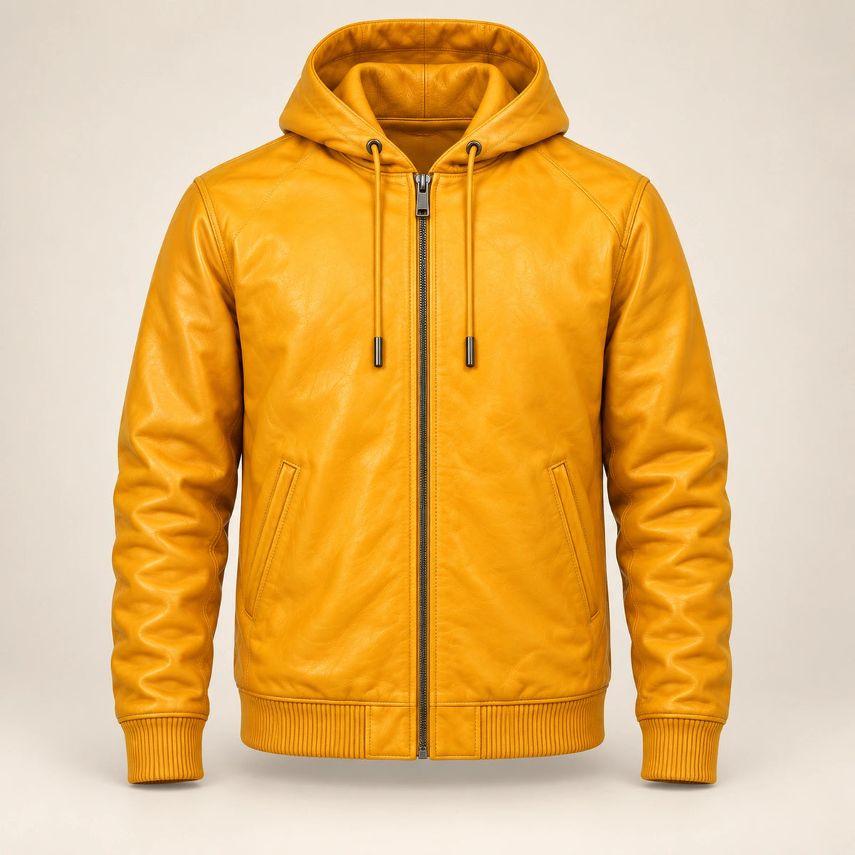 Northwick Yellow genuine leather zip hoodie, straight product-only front view.