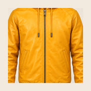 Close-up of the Northwick Yellow leather texture, front zipper and side pocket construction.
