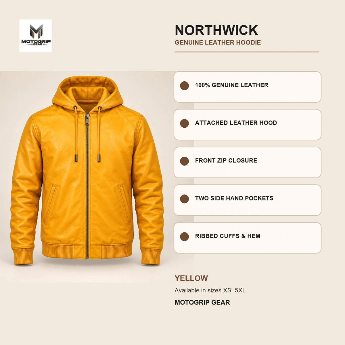 Northwick Yellow genuine leather hoodie infographic showing its confirmed construction features.