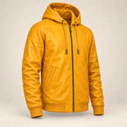 Northwick Yellow genuine leather zip hoodie, product-only three-quarter front view.