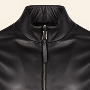 Black men's reversible lambskin leather jacket, close up.