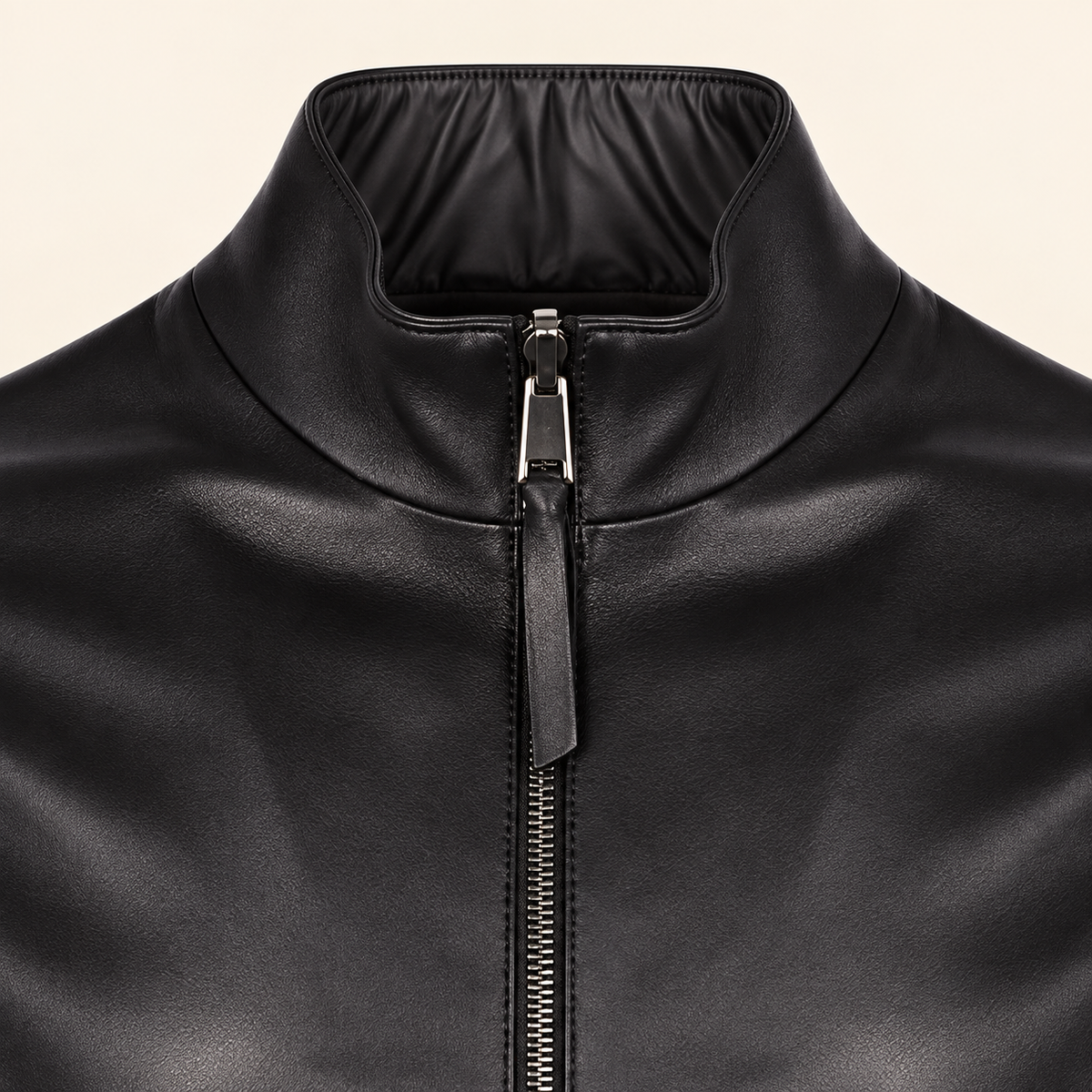 Black men's reversible lambskin leather jacket, close up.