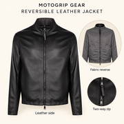 Black men's reversible lambskin leather jacket, infographic.