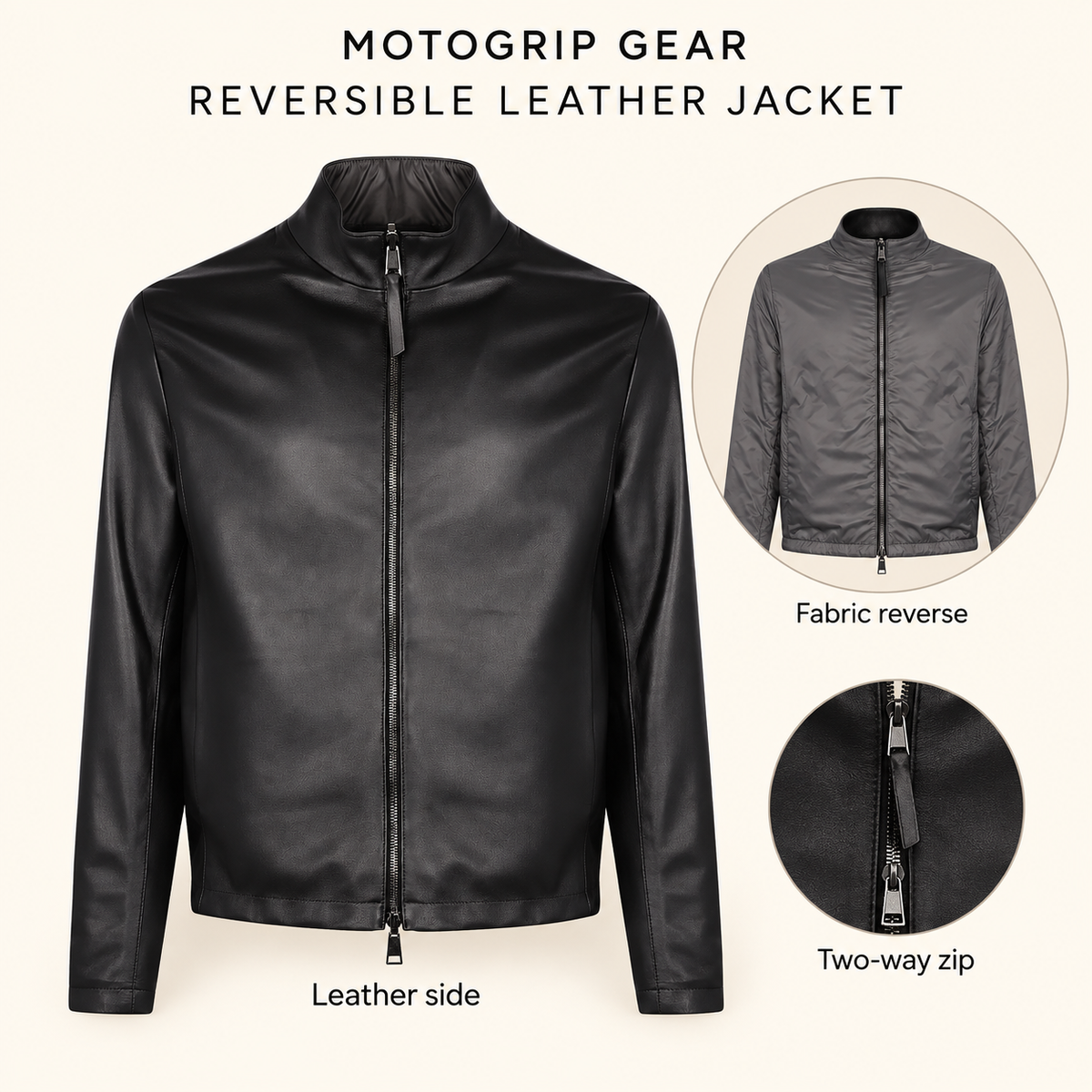 Black men's reversible lambskin leather jacket, infographic.