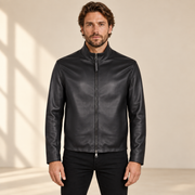 Black men's reversible lambskin leather jacket, model front.