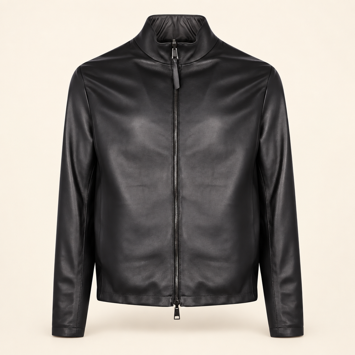 Black men's reversible lambskin leather jacket, product front.