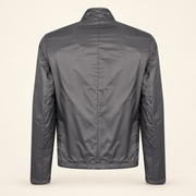 Black men's reversible lambskin leather jacket, reverse back, grey fabric reverse.