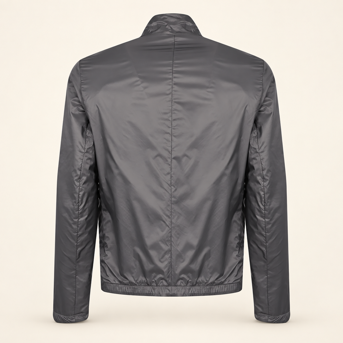 Black men's reversible lambskin leather jacket, reverse back, grey fabric reverse.