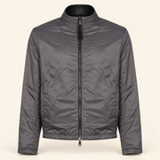 Black men's reversible lambskin leather jacket, reverse front, grey fabric reverse.