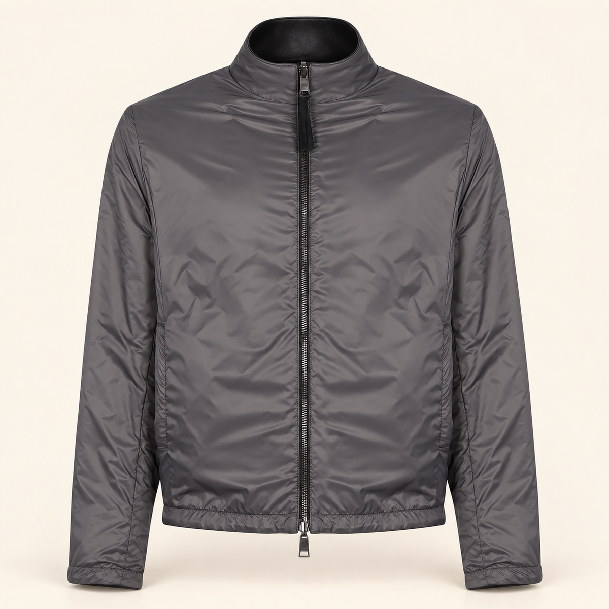 Black men's reversible lambskin leather jacket, reverse front, grey fabric reverse.