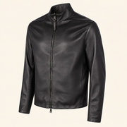 Black men's reversible lambskin leather jacket, side angle.