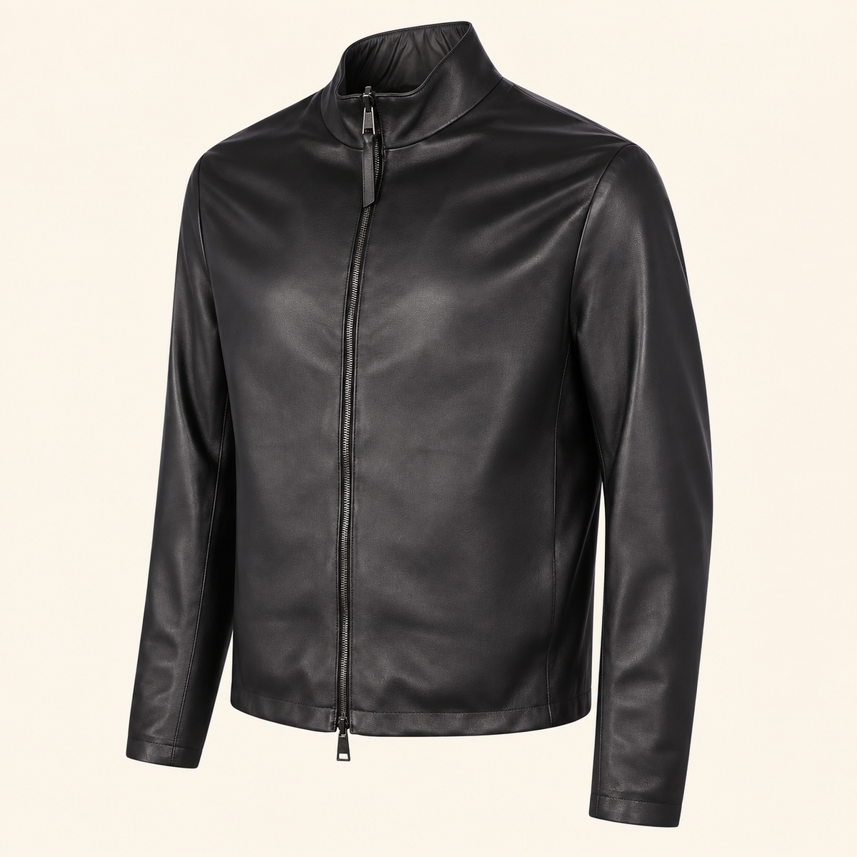 Black men's reversible lambskin leather jacket, side angle.