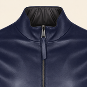 Blue men's reversible lambskin leather jacket, close up.