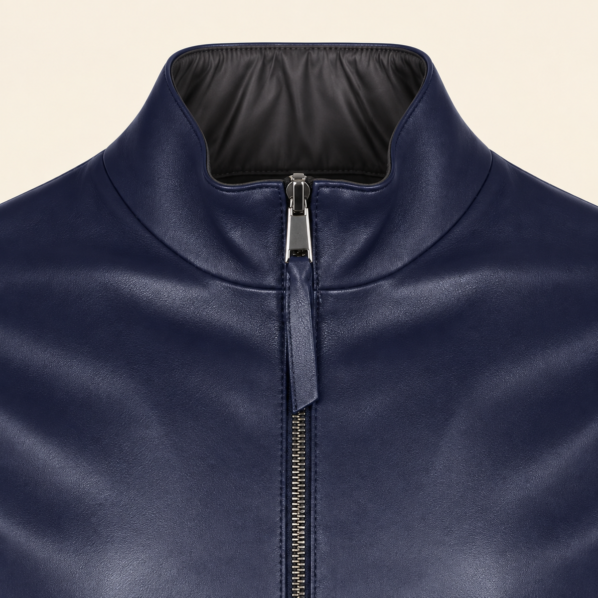 Blue men's reversible lambskin leather jacket, close up.