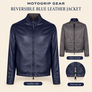 Blue men's reversible lambskin leather jacket, infographic.