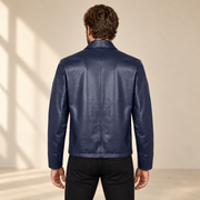 Blue men's reversible lambskin leather jacket, model back.