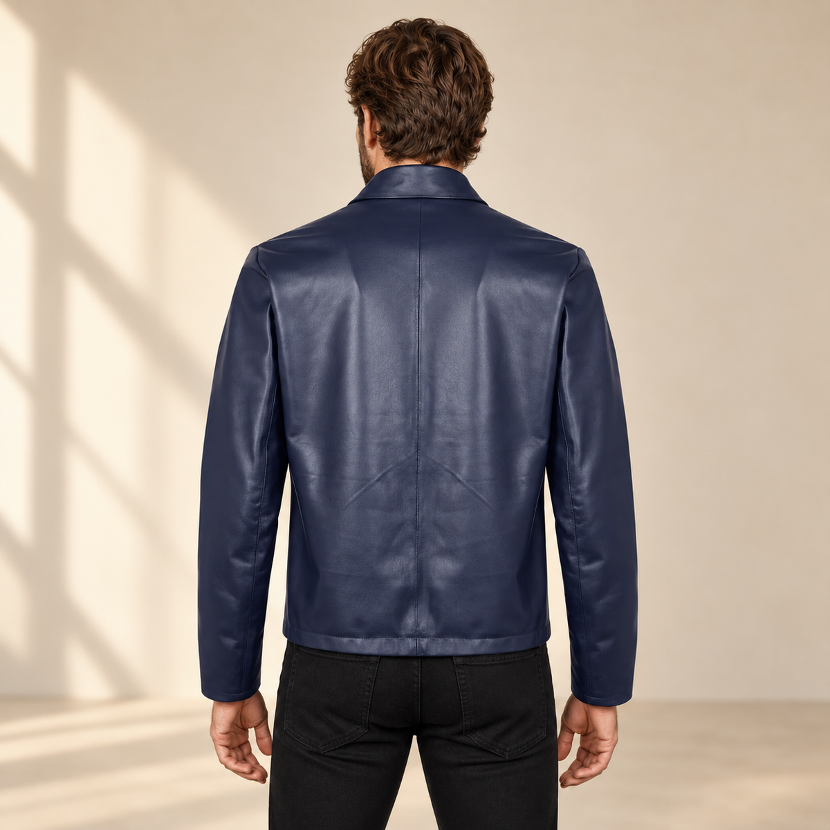 Blue men's reversible lambskin leather jacket, model back.