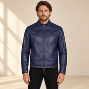 Blue men's reversible lambskin leather jacket, model front.