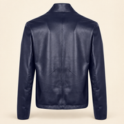 Blue men's reversible lambskin leather jacket, product back.