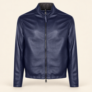 Blue men's reversible lambskin leather jacket, product front.