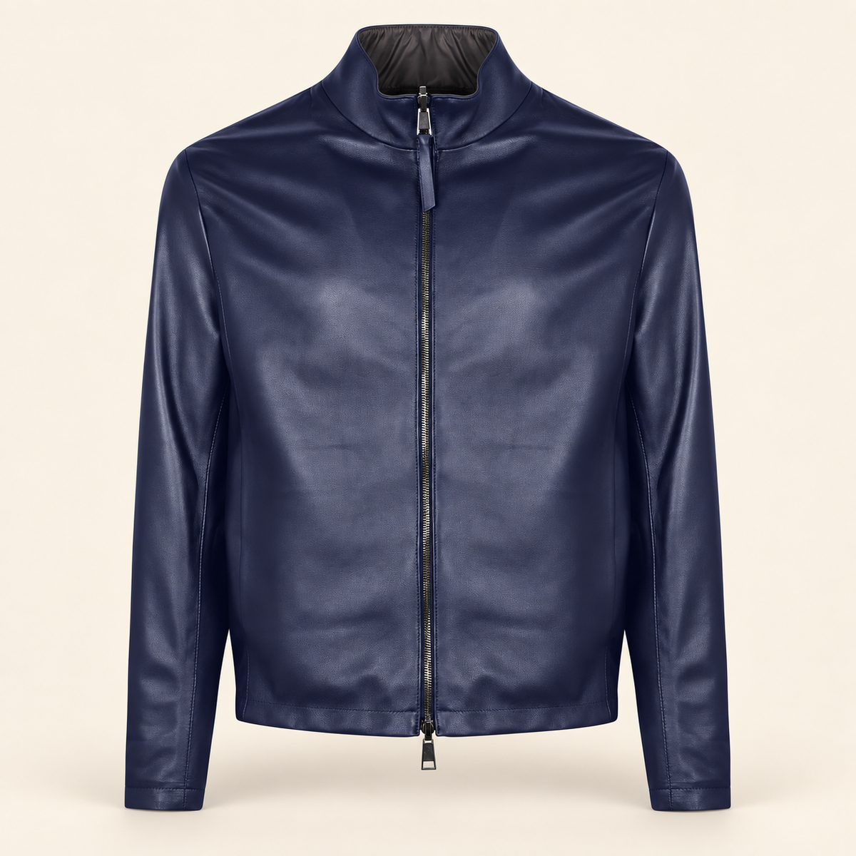 Blue men's reversible lambskin leather jacket, product front.