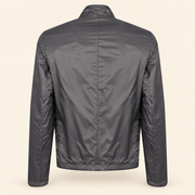 Blue men's reversible lambskin leather jacket, reverse back, grey fabric reverse.