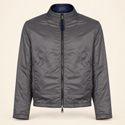 Blue men's reversible lambskin leather jacket, reverse front, grey fabric reverse.