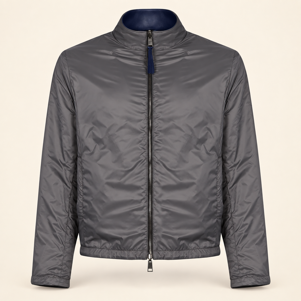 Blue men's reversible lambskin leather jacket, reverse front, grey fabric reverse.
