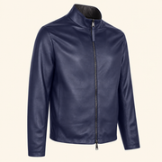 Blue men's reversible lambskin leather jacket, side angle.
