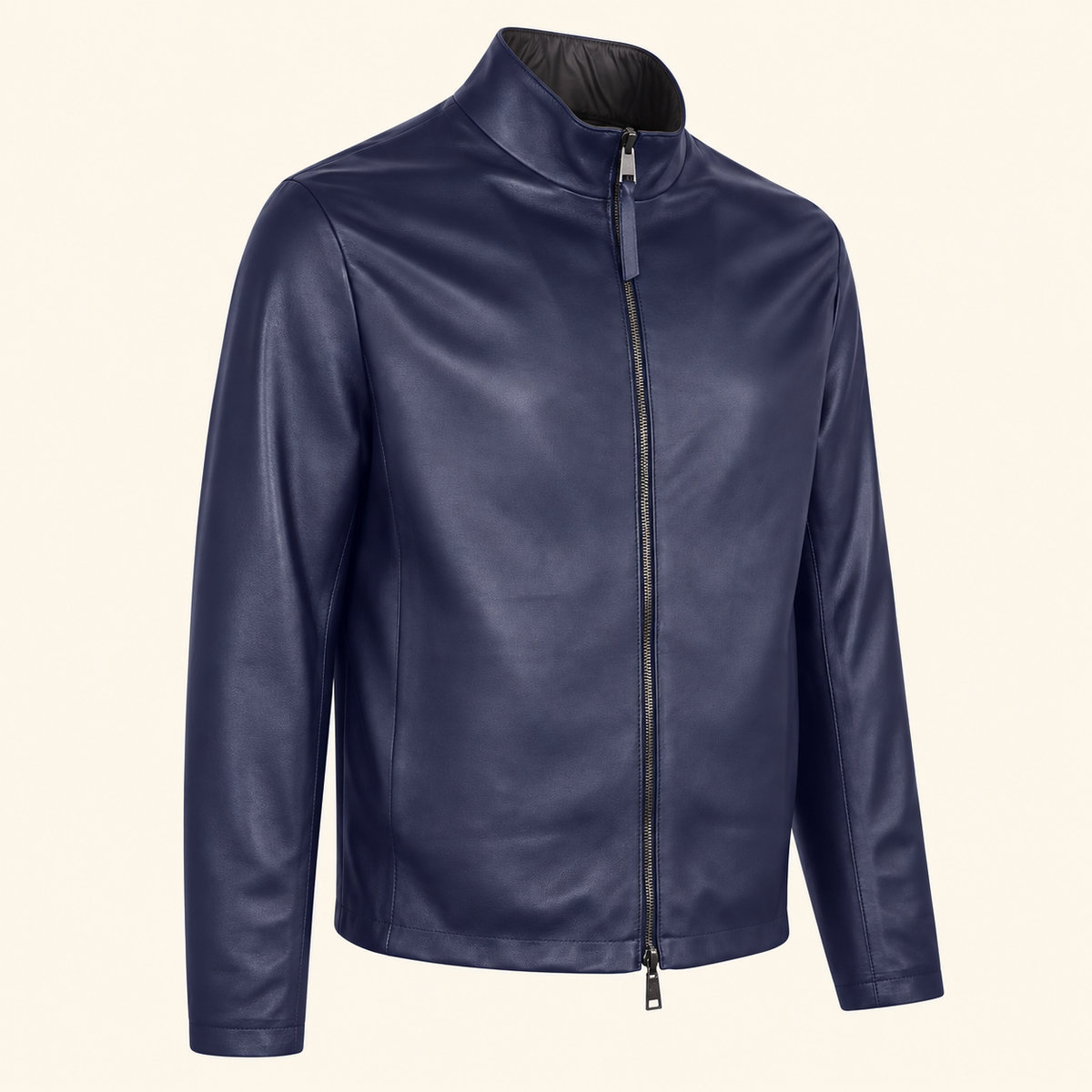 Blue men's reversible lambskin leather jacket, side angle.
