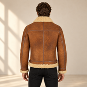 Back model view of the Oswin Men's Tan Vintage B3 Shearling Pilot Jacket