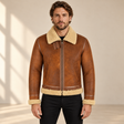 Front model view of the Oswin Men's Tan Vintage B3 Shearling Pilot Jacket