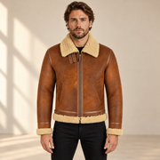 Front model view of the Oswin Men's Tan Vintage B3 Shearling Pilot Jacket