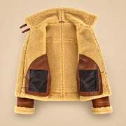 Open inner shearling view of the Oswin Men's Tan Vintage B3 Shearling Pilot Jacket