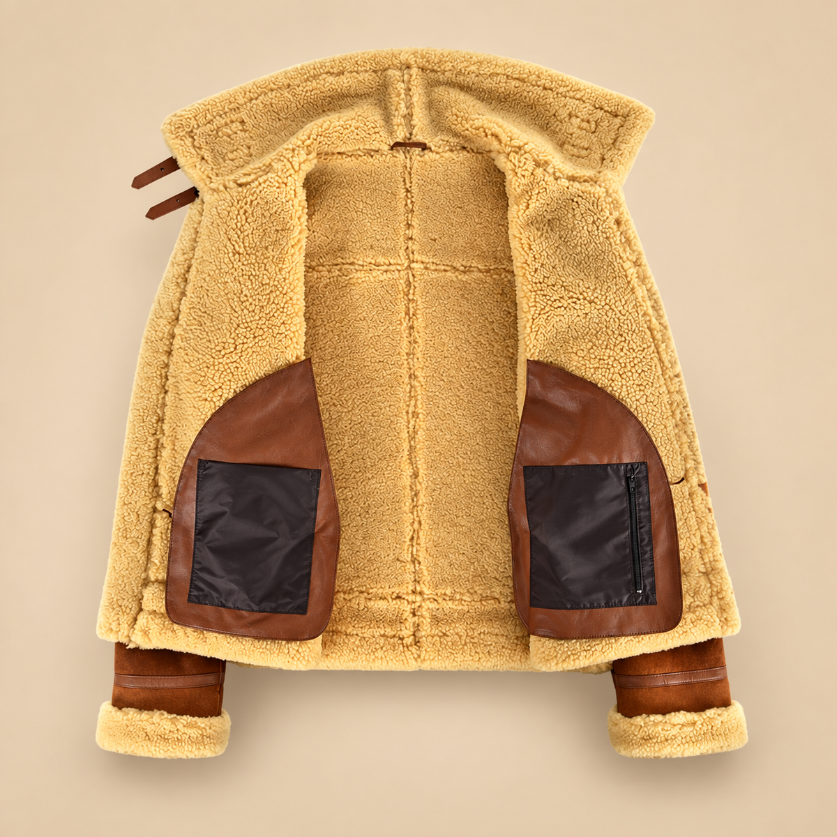Open inner shearling view of the Oswin Men's Tan Vintage B3 Shearling Pilot Jacket