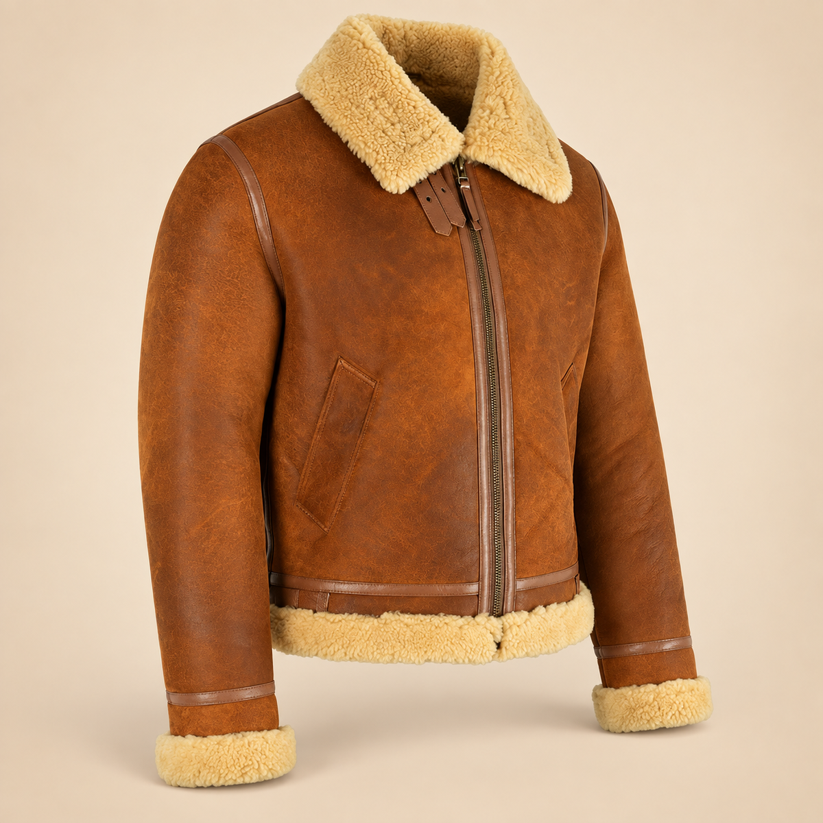 Three-quarter product view of the Oswin Men's Tan Vintage B3 Shearling Pilot Jacket
