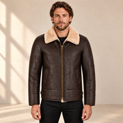 Front model view of the Pembroke Men's Espresso Brown & Ivory B3 Shearling Jacket