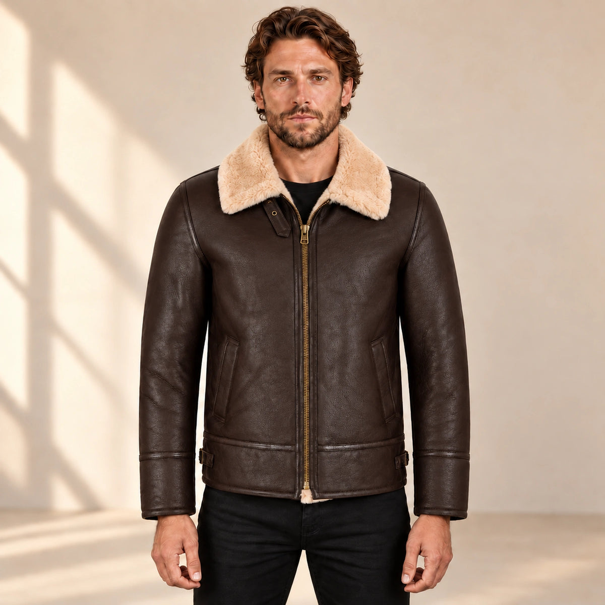 Front model view of the Pembroke Men's Espresso Brown & Ivory B3 Shearling Jacket