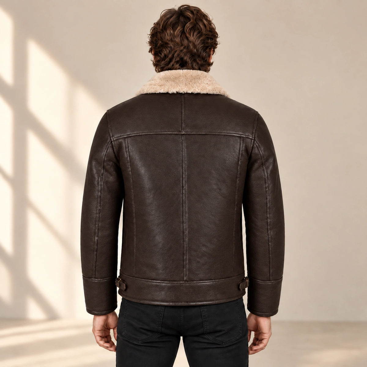 Back model view of the Pembroke Men's Espresso Brown & Ivory B3 Shearling Jacket