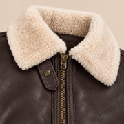 Leather grain and shearling close-up of the Pembroke Men's Espresso Brown & Ivory B3 Shearling Jacket