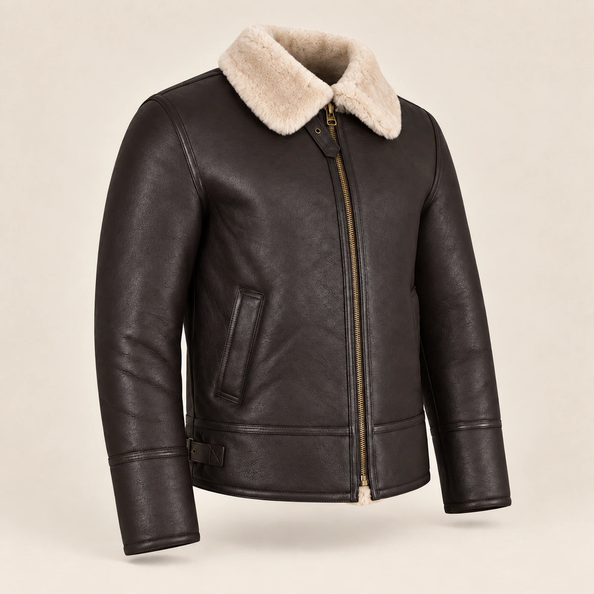 Three-quarter product view of the Pembroke Men's Espresso Brown & Ivory B3 Shearling Jacket