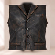 Close-up of the Ravenscroft Black waxed lambskin texture, notch lapel, buttons and welt pockets.