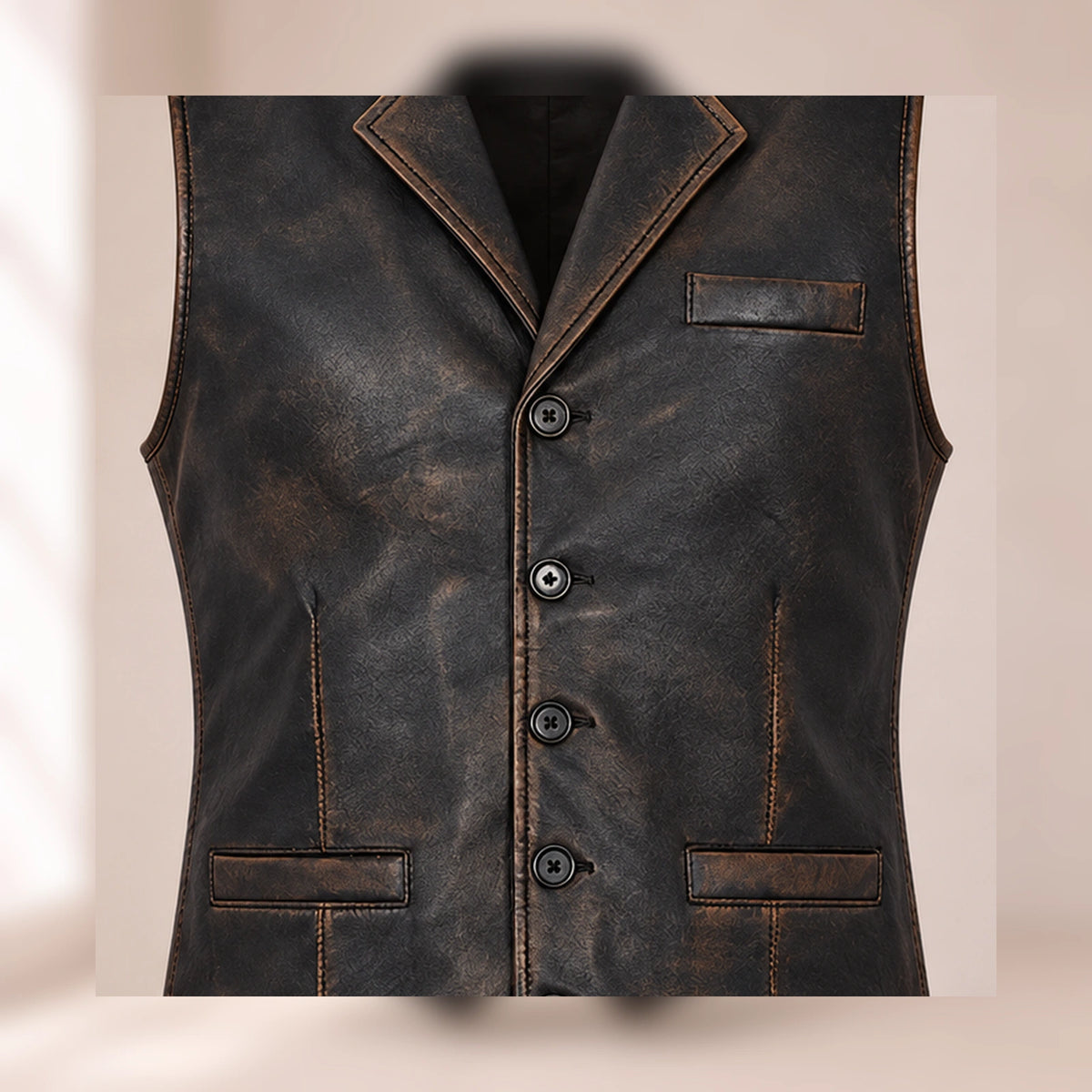 Close-up of the Ravenscroft Black waxed lambskin texture, notch lapel, buttons and welt pockets.