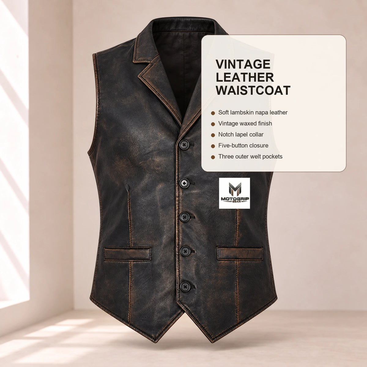Ravenscroft Black vintage leather waistcoat infographic showing its verified construction details.
