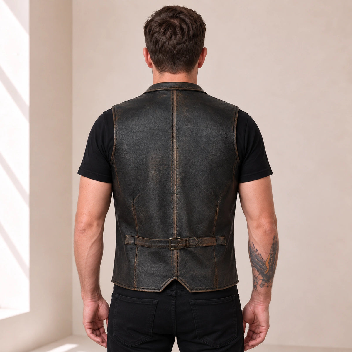 Male model wearing the Ravenscroft Black vintage waxed lambskin leather waistcoat, rear view with waist adjuster.