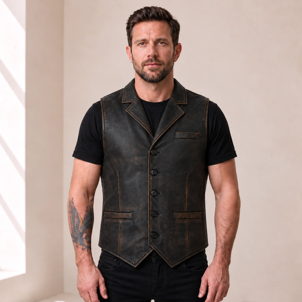 Male model wearing the Ravenscroft Black vintage waxed lambskin leather waistcoat, front view.